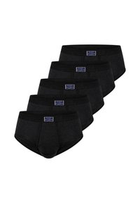 Set di cinque slip neri da uomo, realizzati in tessuto morbido con una texture a righe. Presentano una cintura ampia con un'etichetta sulla parte frontale.
