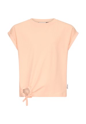 Jasnopomarańczowa koszula z krótkim rękawem, z podwiniętymi mankietami i ściągaczem po lewej stronie, z małą metką marki na dole po prawej.