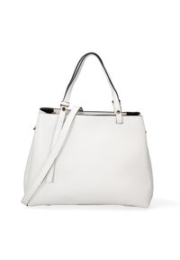 Borsa tote bianca in pelle con una forma strutturata, doppio manico e tracolla removibile. Presenta una superficie testurizzata e una fodera nera a contrasto.
