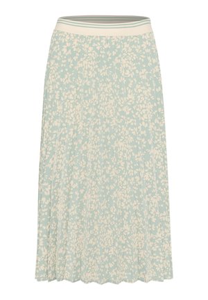 Lichtblauwe midi rok met een witte bloemenprint, elastische tailleband met een dubbele streep, gepliceerd ontwerp en vloeiende textuur.