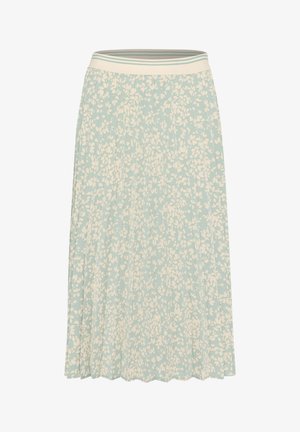 Hele sinises toonides midi-seelik, millel on valge lilleline muster, elastne vöökoht topelttriibuga, volditud disain ja voolav tekstuur.