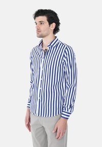 Camicia da uomo con bottoni, a righe verticali blu e bianche, colletto classico, in materiale di cotone, maniche lunghe e design slim fit.