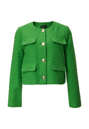 Grüne strukturierte, taillierte Jacke mit langen Ärmeln, rundem Ausschnitt und vier Fronttaschen. Verfügt über silberne Knopfverschlüsse und eine gewebte Optik.