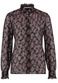 Blusa negra transparente con patrones de hojas rosas y circulares. Presenta un cuello con volantes, botones en la parte delantera y mangas fruncidas con puños elásticos.
