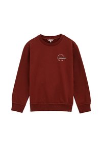 Mörkröd sweatshirt gjord av mjuk bomull. Har en rund halsringning, ribbade ärmslut och en cirkulär grafik med text framtill.