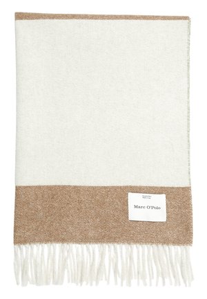 Folded beige and white wool scarf with fringed ends and a Marc O'Polo brand label on the lower edge.
