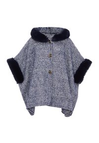 Poncho i hundtandsmönster i marinblått, med en pälskrage och manschetter, tre dekorativa knappar framtill och en öppen design.