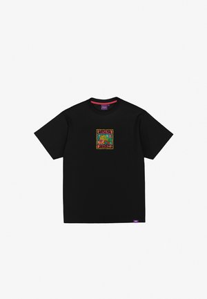 Black cotton T-shirt featuring a colorful graphic design with "HUSTLE FISH" text on the front. Short sleeves and crew neckline. Purple tag at the hem.