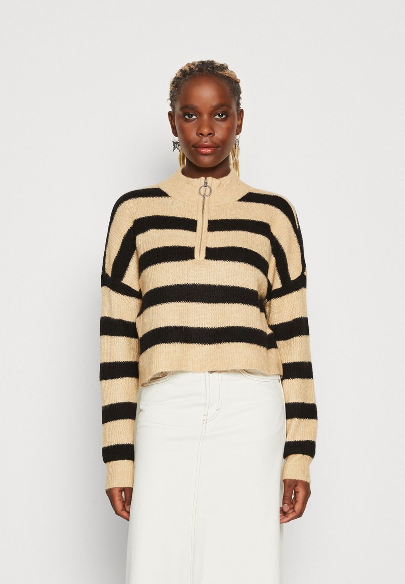 ONLY Dames ONLLEISE Freya LS Zip HIGH Neck KNT NOOS Trui, Zwart/Stripes:W. Birch, XL, Black/Stripes:w. Birch, XL