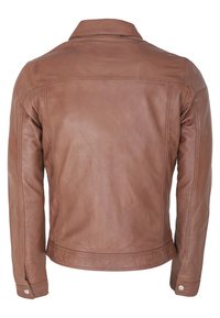 Braune Lederjacke mit einem klassischen Kragen, gestickten Details und Druckknopf-Akzenten an den Ärmeln. Die Rückansicht zeigt eine glatte Textur.