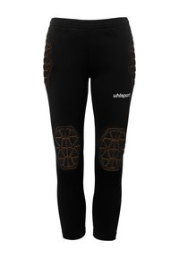 Pantalons de sport noirs avec des accents hexagonaux rembourrés aux genoux, présentés avec des coutures orange et un logo sur la hanche gauche.