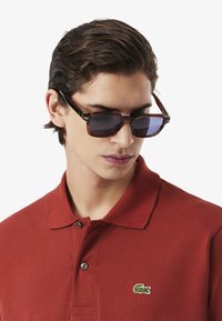 Hnedé acetátové slnečné okuliare s modrými sklíčkami. Model má na sebe červené polo tričko s golierom a zeleným logom Lacoste na ľavej strane.