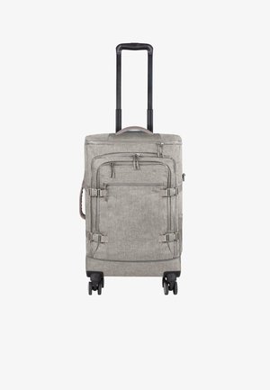 Grauer Koffer mit Rollen und einer strukturierten Stoffoberfläche, verstellbarem Griff, zwei vorderen Taschen und vier Rädern für einfache Manövrierbarkeit.