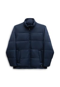 Navy blue padded jacket with a high collar, front zipper, and two side pockets, made from lightweight, smooth fabric.