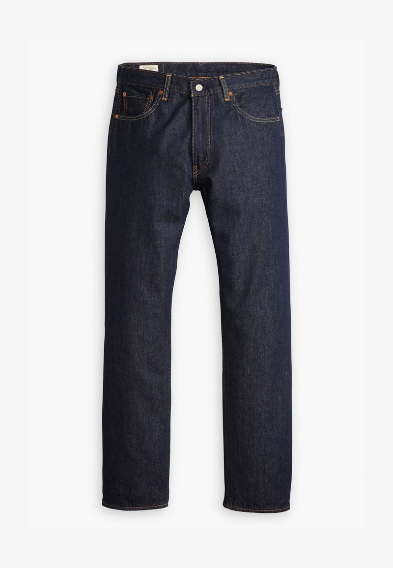 Dunkelblaue Jeans aus Denim mit geradem Bein, orangefarbener Naht und Fünf-Taschen-Stil sowie einer Metallknopfverschluss.