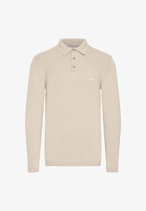 Beżowa, długosleeveowa koszulka polo wykonana z prążkowanego materiału, z trzema guzikami przy dekolcie oraz małym logo na piersi.