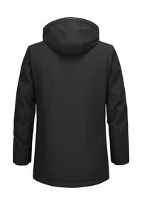 Schwarze wasserfeste Jacke mit Kapuze, mit glatter Textur, geradem Schnitt und langen Ärmeln. Minimalistisches Design ohne sichtbare Hardware.