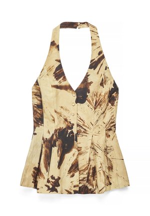 Haut sans manches col halter profond en V, boutons sur le devant, tissu beige avec motif floral abstrait marron foncé et ourlet plissé.