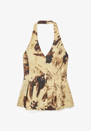 Ärmelloses Neckholdertop mit tiefem V-Ausschnitt, Knöpfen vorne, beiger Stoff mit dunkelbraunem abstraktem Blumenmuster und plissiertem Saum.