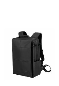 Zwarte rugzak gemaakt van duurzaam materiaal. Beschikt over verstelbare schouderbanden, een voorkantvak en twee ritscompartimenten voor opbergruimte. Doosvormige vorm.