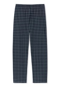Pantalones de pijama azul marino con un patrón de cuadrícula en azul claro. Cinturilla elástica, diseño de pierna recta, textura de tela suave.
