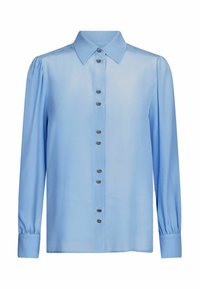 Světle modrá button-up košile vyrobená z hladké látky, s límečkem, dlouhými rukávy s manžetami a šesti stříbrnými knoflíky na přední straně.