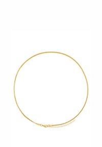 Gold-toned necklace with a smooth, flexible chain design featuring a lobster clasp and adjustable chain extender for length variation.