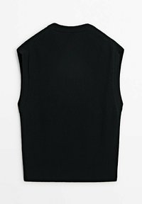 Schwarzes, gestricktes ärmelloses Oberteil mit hohem Halsausschnitt und Rippstruktur. Verfügt über einen geraden Schnitt und dezente Schulterdetails.