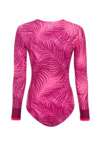 Body con mangas largas en un vibrante rosa con un patrón de hojas de palma. Presenta acentos de puño en contraste y un diseño ajustado. Textura suave.