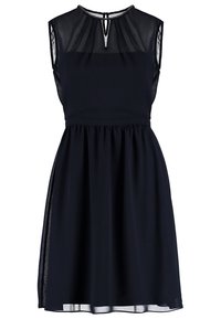 Abito blu navy con maniche corte e trasparenti, scollatura rotonda, corpetto plissettato e gonna a campana. Presenta una schiena a forma di chiave e una texture di tessuto morbido.