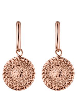 Ronde oorbellen van rosegoud met gestructureerde muntachtige hangers met ingewikkelde gegraveerde patronen en een gedraaide koordrand.