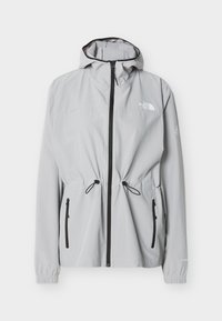 Ανοιχτό γκρι μπουφάν με κουκούλα, με μαύρο φερμουάρ μπροστά, δύο μπροστινές τσέπες με φερμουάρ, ρυθμιζόμενα κορδόνια στη μέση και λευκό λογότυπο North Face στο στήθος.