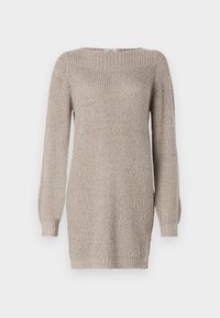 Maglione a maglia beige chiaro con maniche a sbuffo lunghe, scollatura rotonda e trama a coste. Presenta un taglio dritto con spacchi laterali all'orlo.