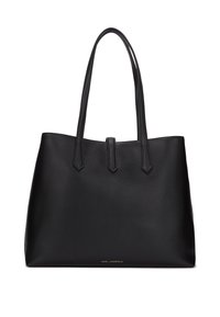 Svart läder tote-väska med förlängda handtag, minimalistisk design, försett med en framsida med centralt lås och guldlogotyp vid basen.