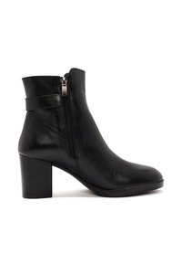 Stivaletto in pelle nera alla caviglia con punta arrotondata, zip laterale, tacco impilato e dettagli di cucitura minimi per un design pulito.