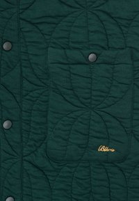 Σκούρο πράσινο υφασμάτινο κάλυμμα με κυκλικό μοτίβο ραφής, τσέπη με μαύρο κουμπί snap και κίτρινο κεντητό κείμενο "Blkvis".