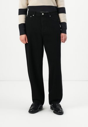 Black wide-leg denim trousers with a high waist, featuring front pockets and silver hardware accents. Smooth texture and classic design.