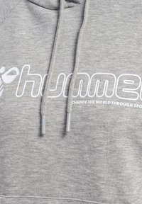 Grå hoodie i mjukt tyg. Har en stor logotryck i vitt, dragsnören med grå spetsar och en avslappnad passform.