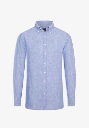 Lichtblauwe overhem shirt van gestructureerde stof, met een klassieke kraag, lange mouwen en witte knopen aan de voorkant.