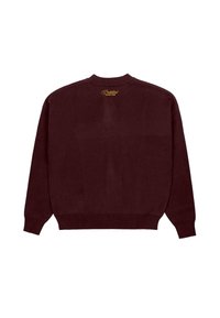 Bordowy sweatshirt z okrągłym dekoltem, ściągaczami przy mankietach i na dół, z goldowym logo "Prohibited Social Club" na górnej części pleców.