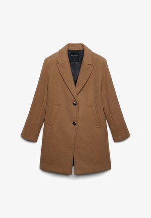 Cappotto in lana color cammello con colletto a risvolto, due bottoni neri, tasche con fessura e fodera interna nera, disposto piatto su sfondo bianco.