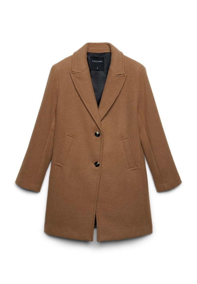 Cappotto in lana color cammello con colletto a risvolto, due bottoni neri, tasche con fessura e fodera interna nera, disposto piatto su sfondo bianco.
