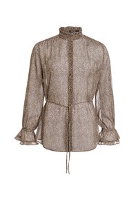 Leopard print blouse with a high neck, button front, drawstring waist, and flared cuffs. Made from sheer fabric in beige and brown tones.