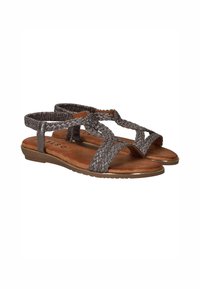 Metallisch grijze geweven sandalen met een platte zool, kruisbandontwerp en een bruin gevoerd voetbed. Gegarandeerde comfort door de gestructureerde banden.