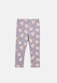 Helanke od svijetloljubičaste tkanine s razigranim uzorkom crtanih anđela s srcima. Mekani, rastezljivi materijal s elastičnim pojasom.