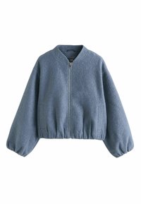 Jachetă bomber din fleece albastru, cu fermoar în față, guler rotund, tiv elastic și mâneci tip balon. Are buzunare laterale și material texturat.