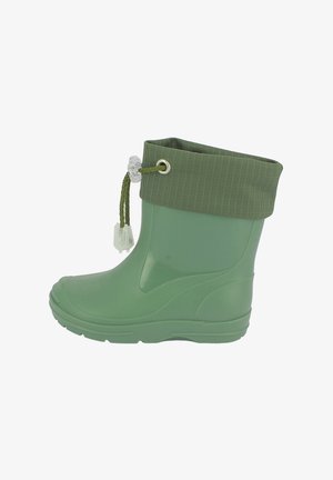 Botte de pluie en caoutchouc vert avec bordure tricotée et fermeture à cordon ajustable sur fond blanc.