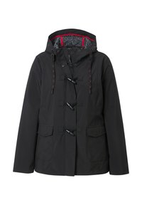 Veste noire avec capuche, dotée d'une fermeture éclair à l'avant, de fermetures à cordon, d'une doublure à motifs rouges et gris, et de deux poches avant.
