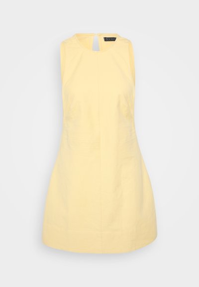 Sleeveless, A-line dress in soft yellow cotton with a round neckline, back keyhole opening, and subtle seam detailing.