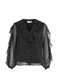 Blusa nera a pois in tessuto trasparente con scollo a V, parte anteriore arricciata e maniche lunghe e fluttuanti con ruffles; presenta una chiusura con bottoni.